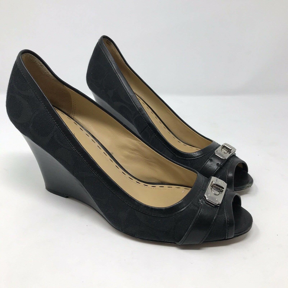 Coach Thea Wedge Heel Pumps Black Peep Toe